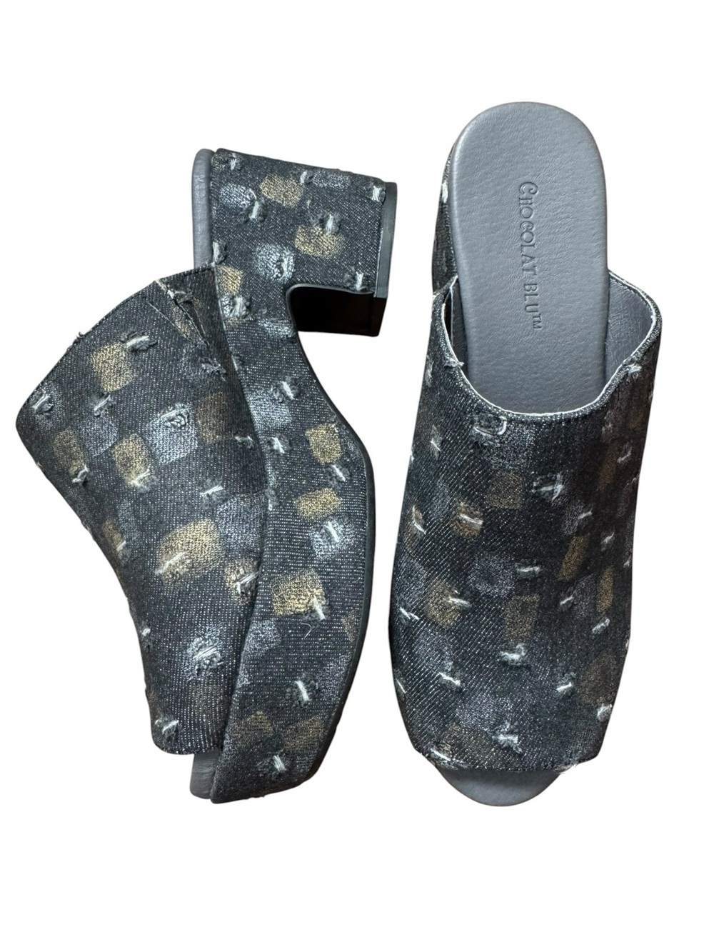 New with Tag Chocolat Blu Grey Open-Toe Patchwork Mules